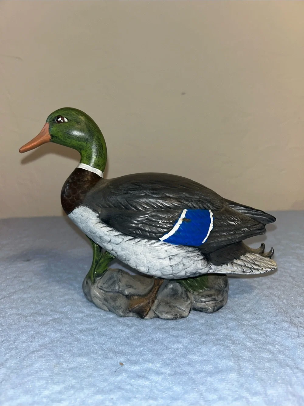 Ceramic Hand Painted Mallard Duck Standing on Rocks